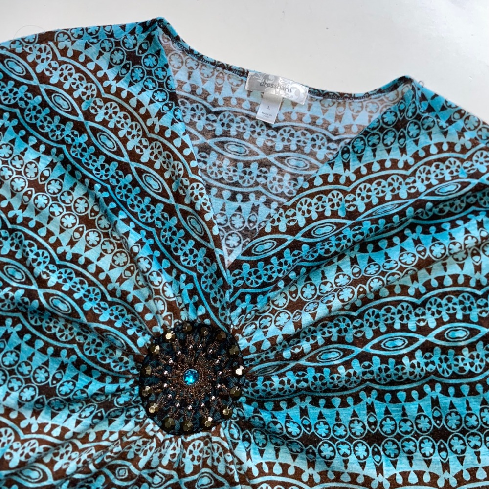 Dressbarn Womens Large Blue Brown Medallion Print Beaded V-Neck Short Sleeve Top
